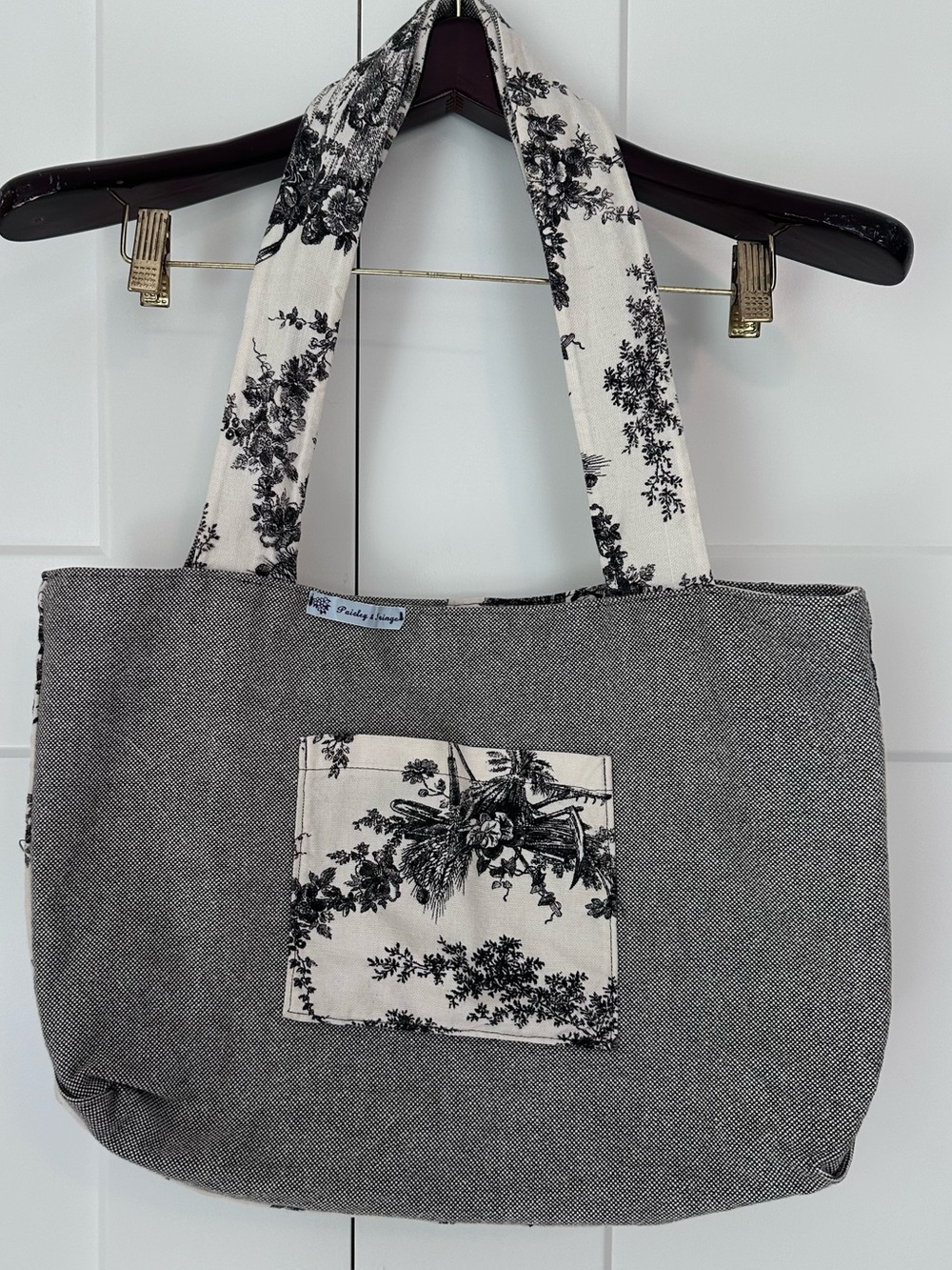 Paisley & Fringe Toile de Jouy Gray, Black and Cream Floral Tote Bag